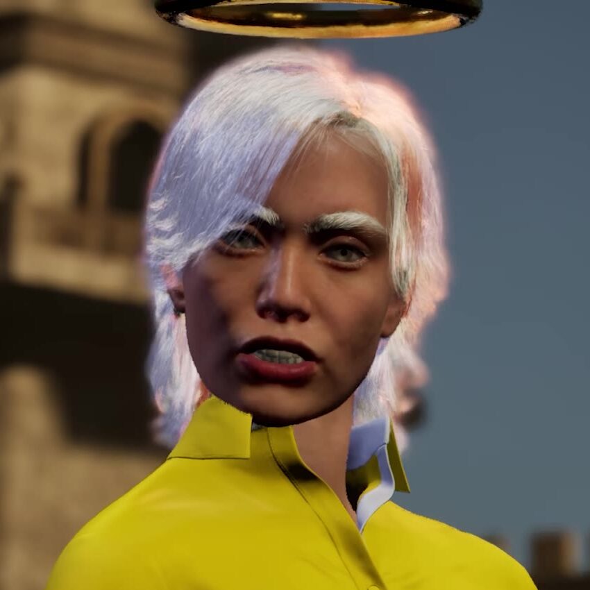 The angel — white hair, gold halo, yellow jacket — mid-sentence in the VR prison