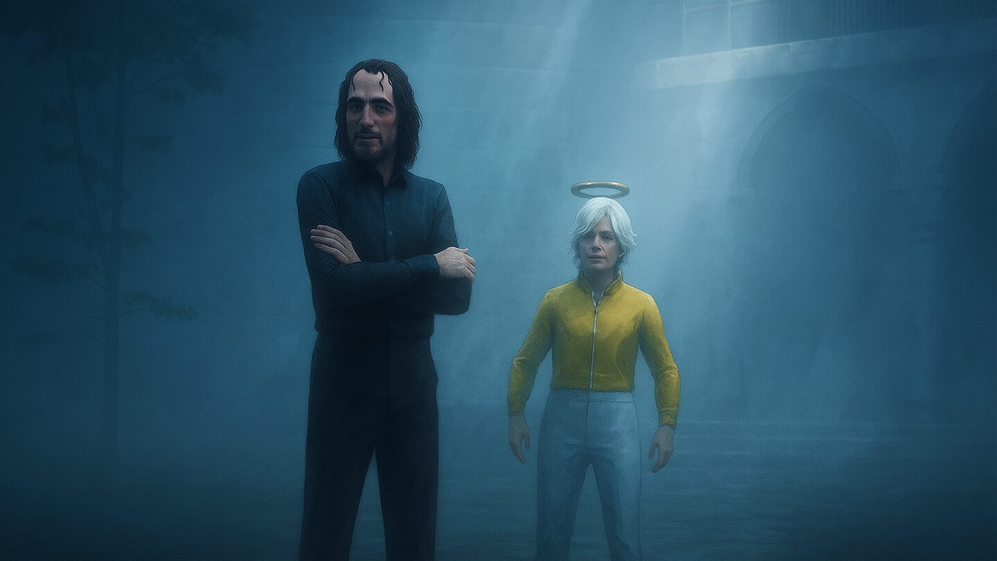 Shouldermen game key art showing the angel and devil characters