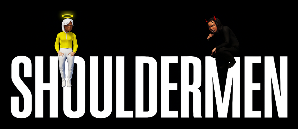 The Shouldermen wordmark with the angel and the devil perched on top of the letters