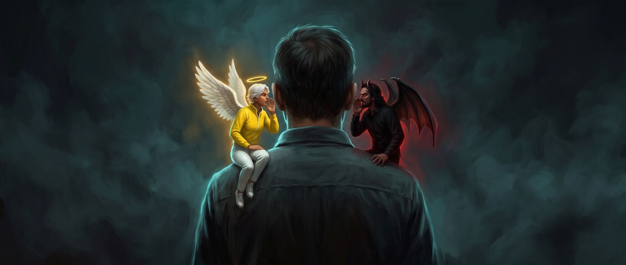 Painting of a tiny angel and a tiny devil standing on an ordinary man's shoulders, whispering into his ears