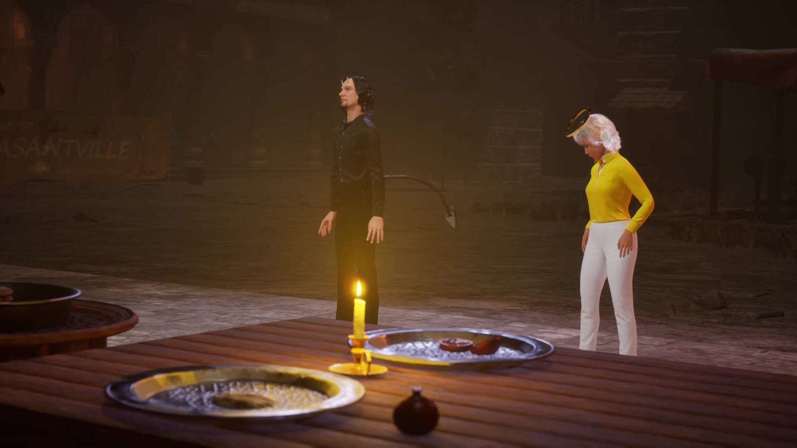 The angel and devil standing near a candle-lit table in the VR prison courtyard